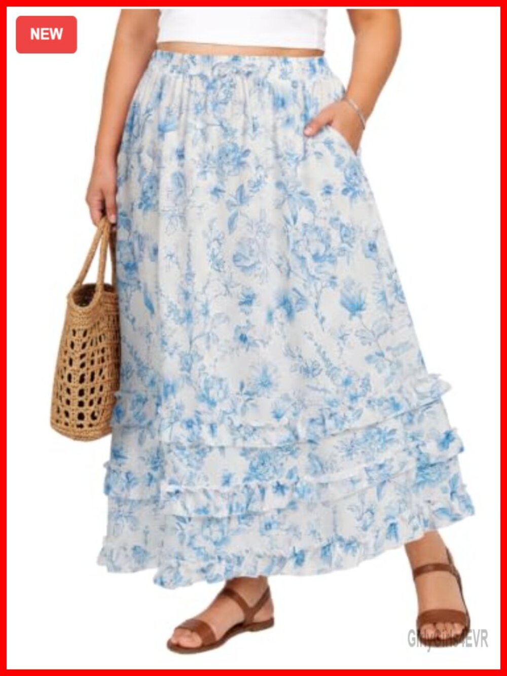 Plus Size Floral Maxi Skirt with Pockets Tiered Ruffle Hem Bohemian